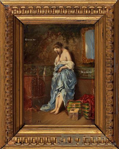  穿蓝色长袍的女人 木板油画 11.5×8cm