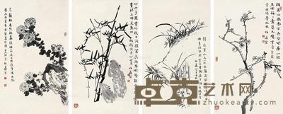 2007年作 花卉四屏 镜心 水墨纸本 76×46cm×4