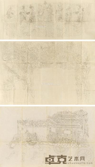  清代精绘巨幅皮影设计稿 175×73cm；168×112cm；103×66cm