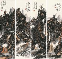  2008年作 山水人物四屏 镜心 设色纸本