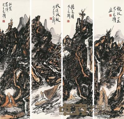 2008年作 山水人物四屏 镜心 设色纸本 136×34cm×4