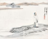 * 甲申嘉平（1945年）作 湖岸行吟 立轴 设色纸本