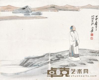 * 甲申嘉平（1945年）作 湖岸行吟 立轴 设色纸本 21.5×26.5cm