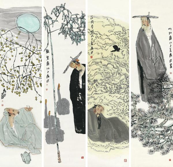  2008年作 人物四屏 镜心 设色纸本