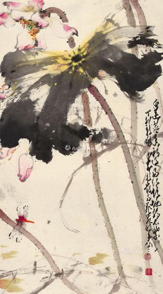  丁卯（1987年）作 菡萏蜻蜓 立轴 设色纸本
