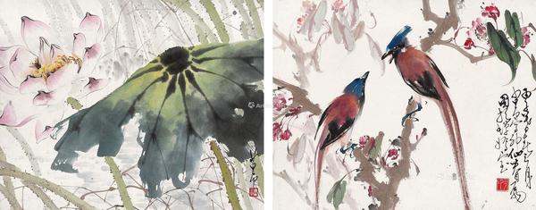  丙子（1936年）作 粉荷蜜蜂•神仙眷属 （二帧） 立轴 设色纸本