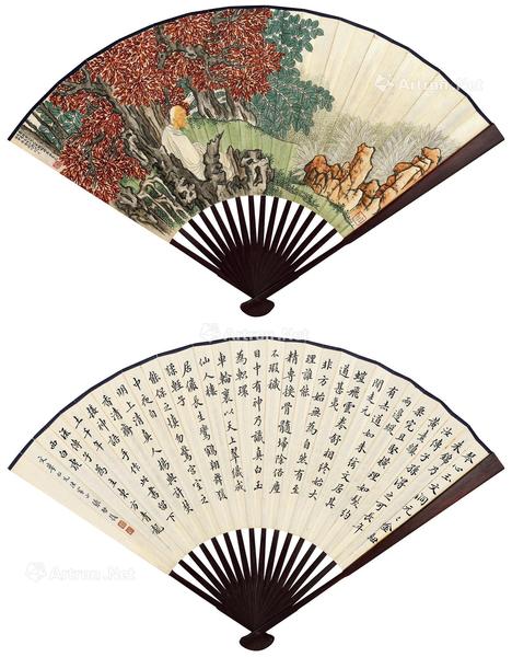  野林禅坐 节录白玉蟾诗 成扇 设色纸本