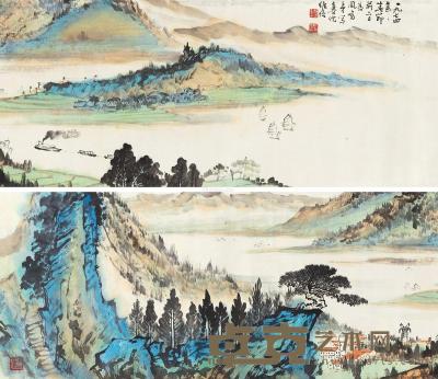  1974年作 青江帆影图 手卷 设色纸本 33×153cm