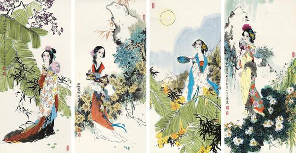  2004年作 仕女四屏 镜心 设色纸本