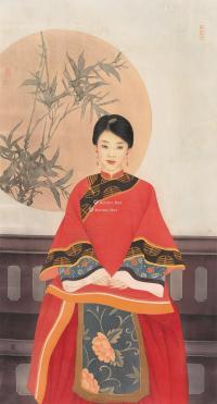  中国红系列·庭院淑女 镜框 设色绢本