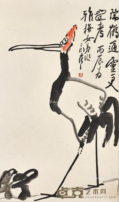  丙辰（1976年）作 瑞鹤通灵更寿考 镜心 设色纸本 68.5×40cm