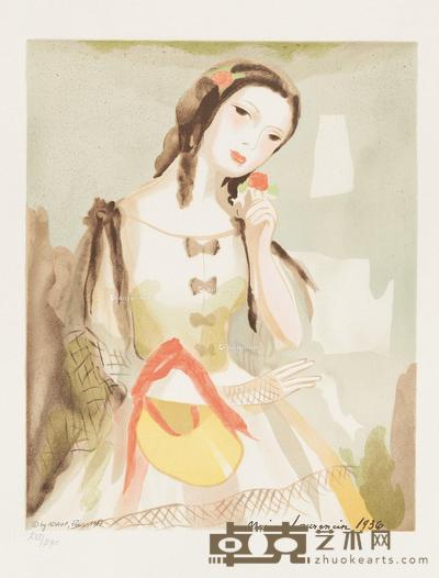  拿鲜花的少女 石版画 39×31cm