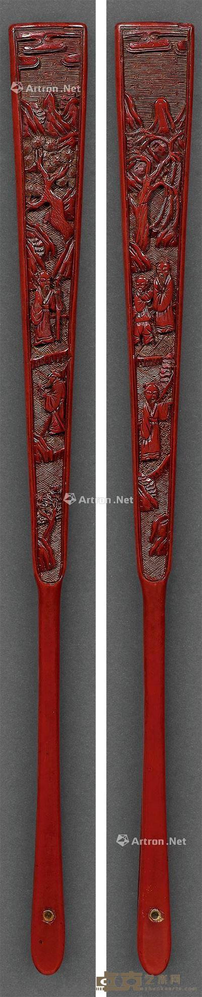 * 剔红商山四皓图扇骨 高33.8cm；排口3cm