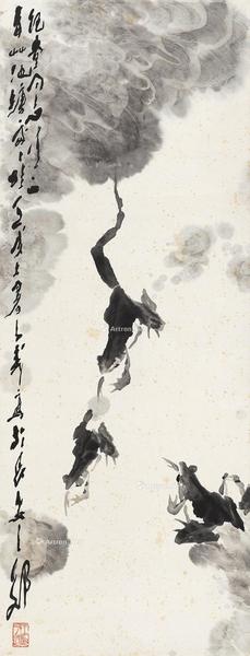  蛙趣图 立轴 设色纸本