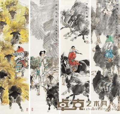 2007年作 人物四屏 镜心 设色纸本 136×34cm×4