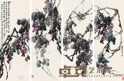 2000年作 葡萄四屏 镜心 设色纸本 136×50cm×4