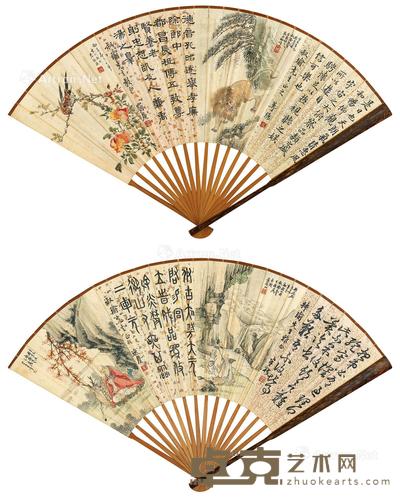 辛巳(1941年)作 书画集锦扇 成扇 设色纸本、水墨洒金笺 18.5×51cm