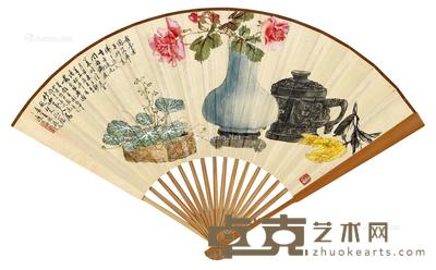 辛巳（1941年）作 吉金清供 节录《论语》 成扇 设色纸本 18×50.5cm