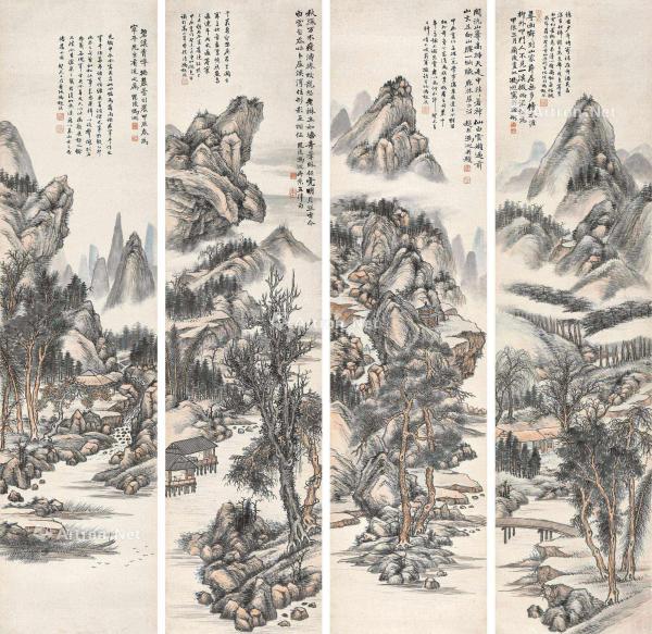  甲辰（1904年）、癸未（1943年）作 山水 （四帧） 四屏立轴 设色纸本