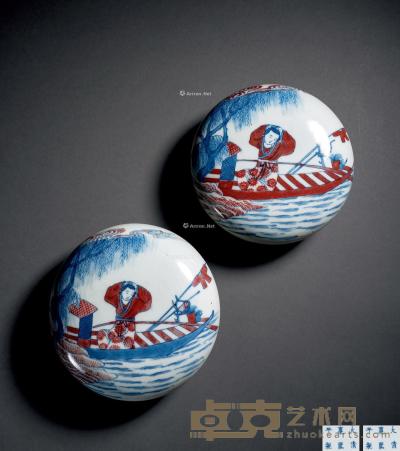  清晚期 青花釉里红「渔舟唱晚」印泥盒 （一对） 直径13.3cm×2