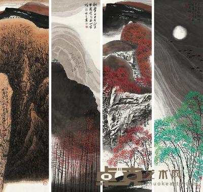 2004年作 山水四屏 镜心 设色纸本 137×35cm×4