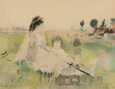  1875年作 坐在草丛上的女人和孩子 纸本水彩 16×21cm
