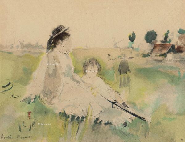  1875年作 坐在草丛上的女人和孩子 纸本水彩
