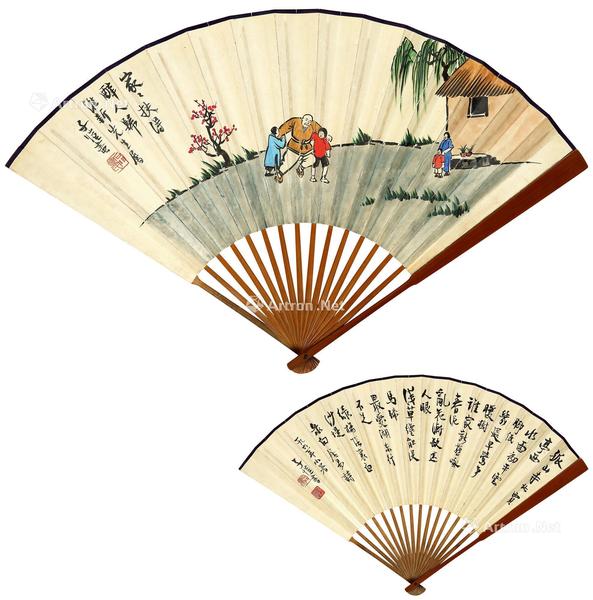  1961年作 醉归图·行书白居易诗 成扇 设色纸本