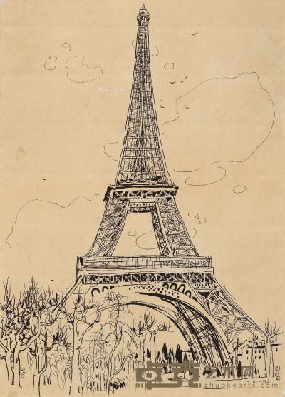  1989年作 艾菲尔铁塔 镜框 素描写生·钢笔、碳素墨水 43×31cm