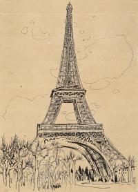  1989年作 艾菲尔铁塔 镜框 素描写生·钢笔、碳素墨水