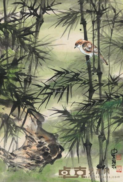  竹林小鸟 立轴 设色纸本 67.5×45cm