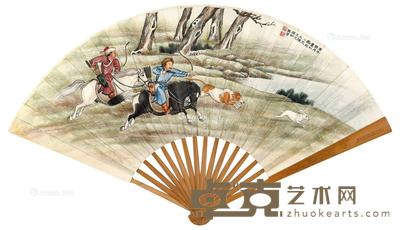  庚午（1930年）作 狩猎图 自作诗二十八首 成扇 设色纸本 20×58.5cm