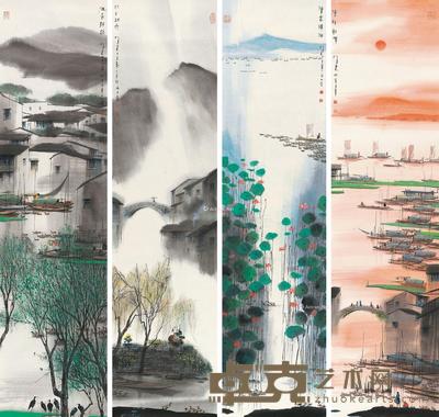 山水四屏 镜心 设色纸本 136×35cm×4
