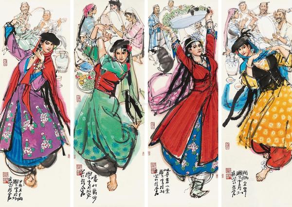  人物四屏 镜心 设色纸本