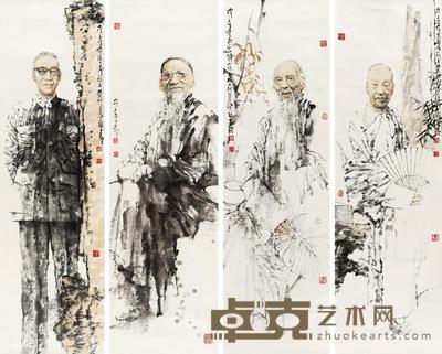 2008年作 人物四屏 镜心 设色纸本 138×41cm×4