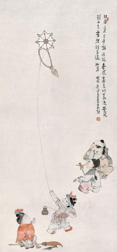  甲戌（1934年）作 江南二月儿童戏 立轴 设色纸本