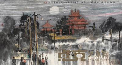  2004年作 雨后的京城街景图 镜心 设色纸本 96×181cm
