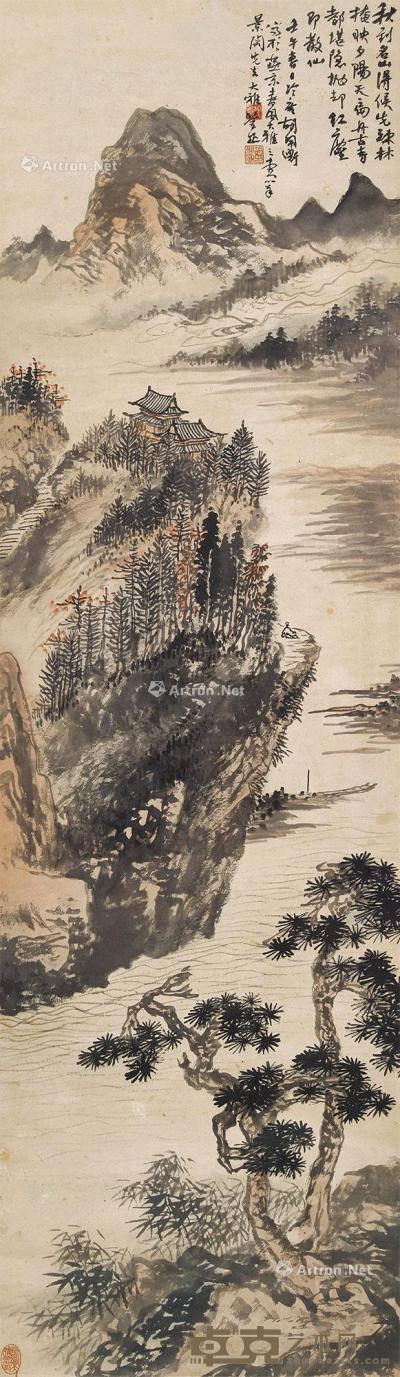  壬午（1942年）作 秋山古寺 立轴 设色纸本 129×37.5cm