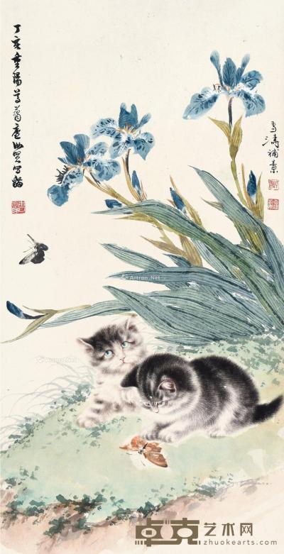  丁亥（1947）年作 猫蝶图 镜片 设色纸本 65×32cm