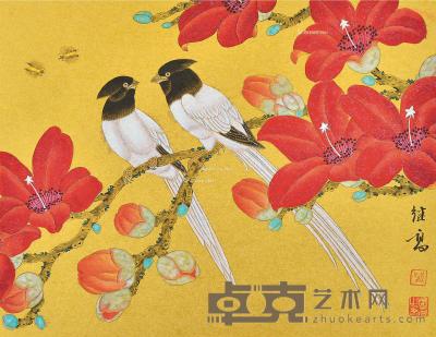  红花双鸟 硬纸板 设色泥金 31×40cm