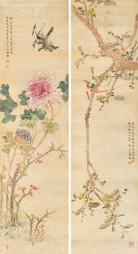  花鸟 对屏 立轴 绢本