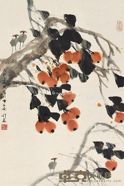戊辰(1988)年作 枇杷双雀 镜片 设色纸本 69×46cm