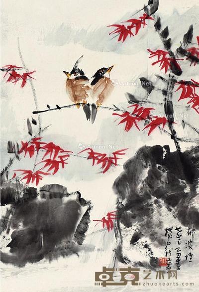  乙丑（1985）年作 枫叶小鸟 立轴 设色纸本 66×44cm