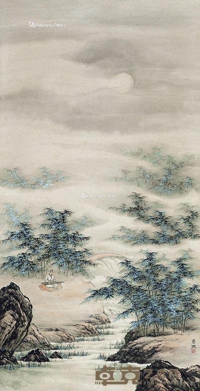 竹溪抚琴 立轴 设色纸本 135×68cm