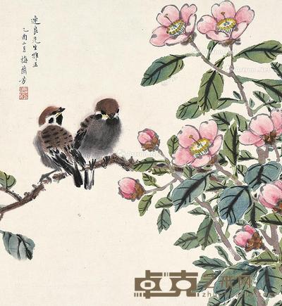  乙酉（1945）年作 茶花双雀 册页片 设色纸本 32×30cm