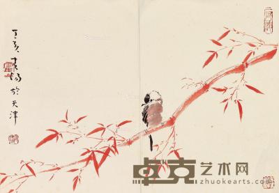  丁亥（2007）年作 竹叶小鸟 册页片 设色纸本 35×50cm