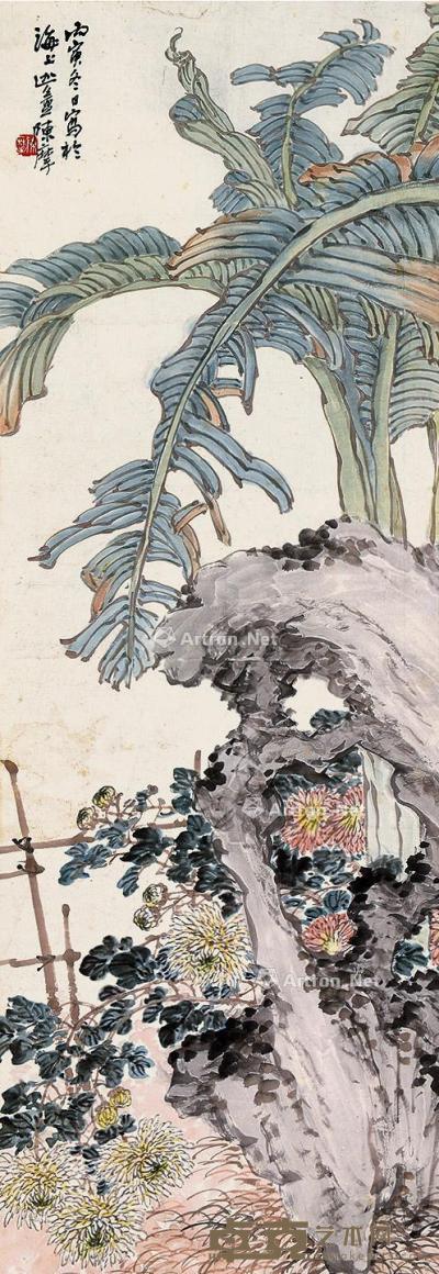  丙寅（1926）年作 芭蕉菊石 立轴 设色纸本 146×51cm