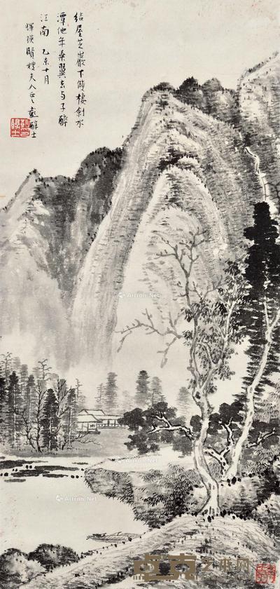  乙未（1955）年作 结屋芝岩下 立轴 水墨纸本 59.5×28cm