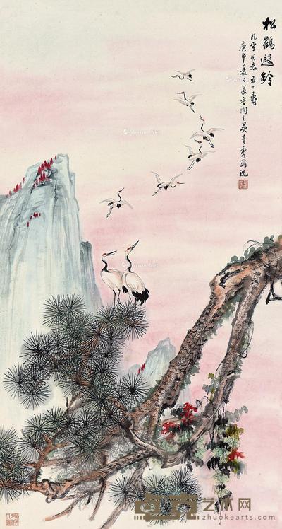 庚申(1980)年作 松鹤遐龄 立轴 设色纸本 88×47cm
