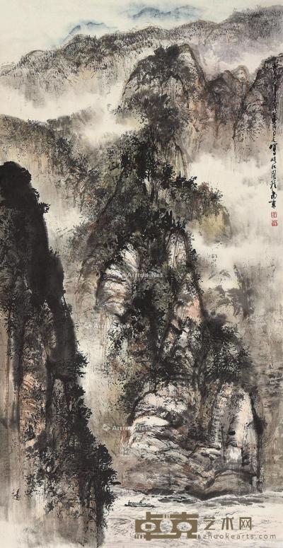  丁巳（1977）年作 峡江图 立轴 设色纸本 92.5×48cm